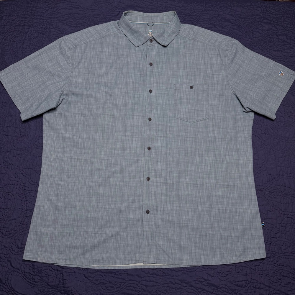 Kuhl Mens XXL Short Sleeve Button Down Shirt Blue Crosshatch Performance Hiking